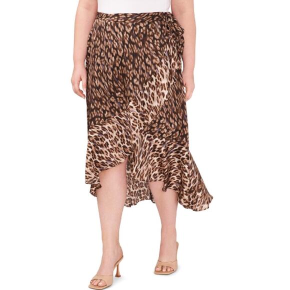 New ~ VINCE CAMUTO ~Leopard Print Side Tie Ruffle Hem A-Line Midi Skirt Size 1X - Picture 1 of 8